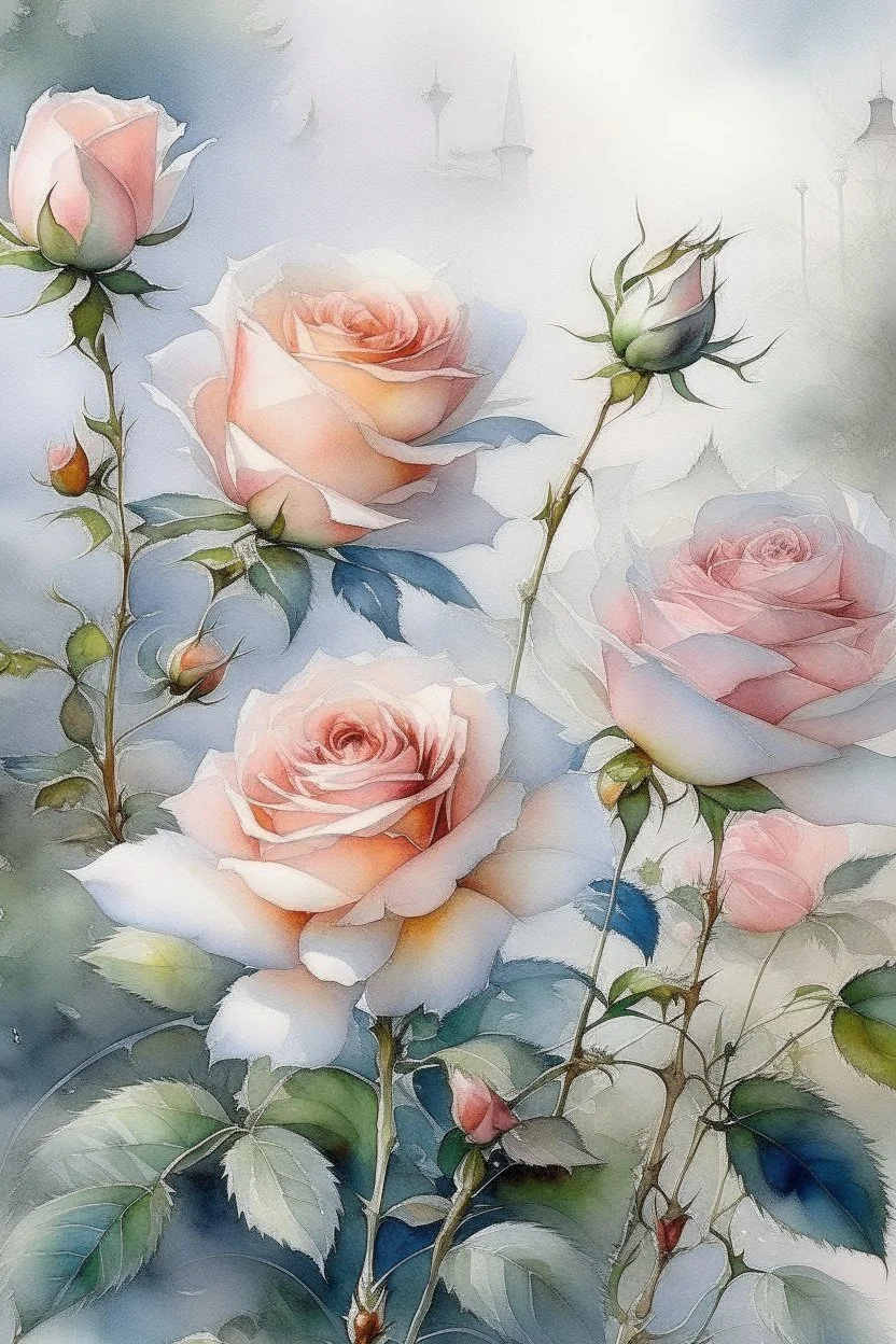 76. English watercolor, tea roses, drawing, beautiful landscape, fog, many details, delicate sensuality, realistic, high quality, work of art, hyperdetalization, professionally, filigree, silver haze, hyperrealism, professionally, transparent, gently pastel tones, backlight, contrast, fantastic, fabulous, unreal, translucent, glowing, clear lines, epic fabulous, 30mm lens, ISO 100, pixel graphics