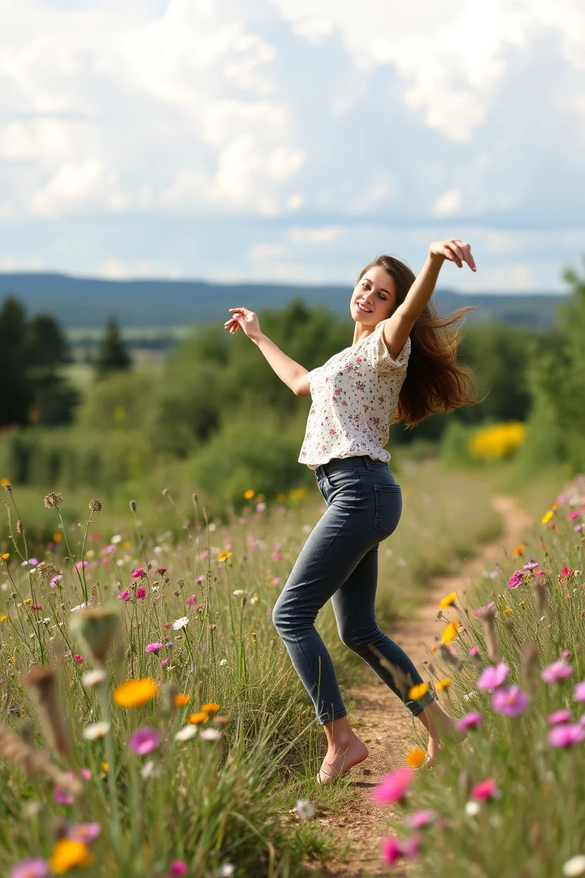 country side ,wild flowers, blosom pretty sky and cloudes a beautiful young lady wearing pants and blouse dancing gracefully in garden look at camera