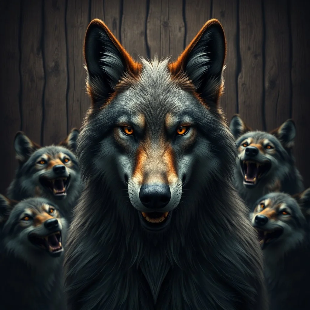 an anthropomorphic wolf facing at the camera and around him cheerful anthropomorphic wolves laugh at him , in the background many wooden wall, high realistic, high detailed, dark fantasy, cinematic