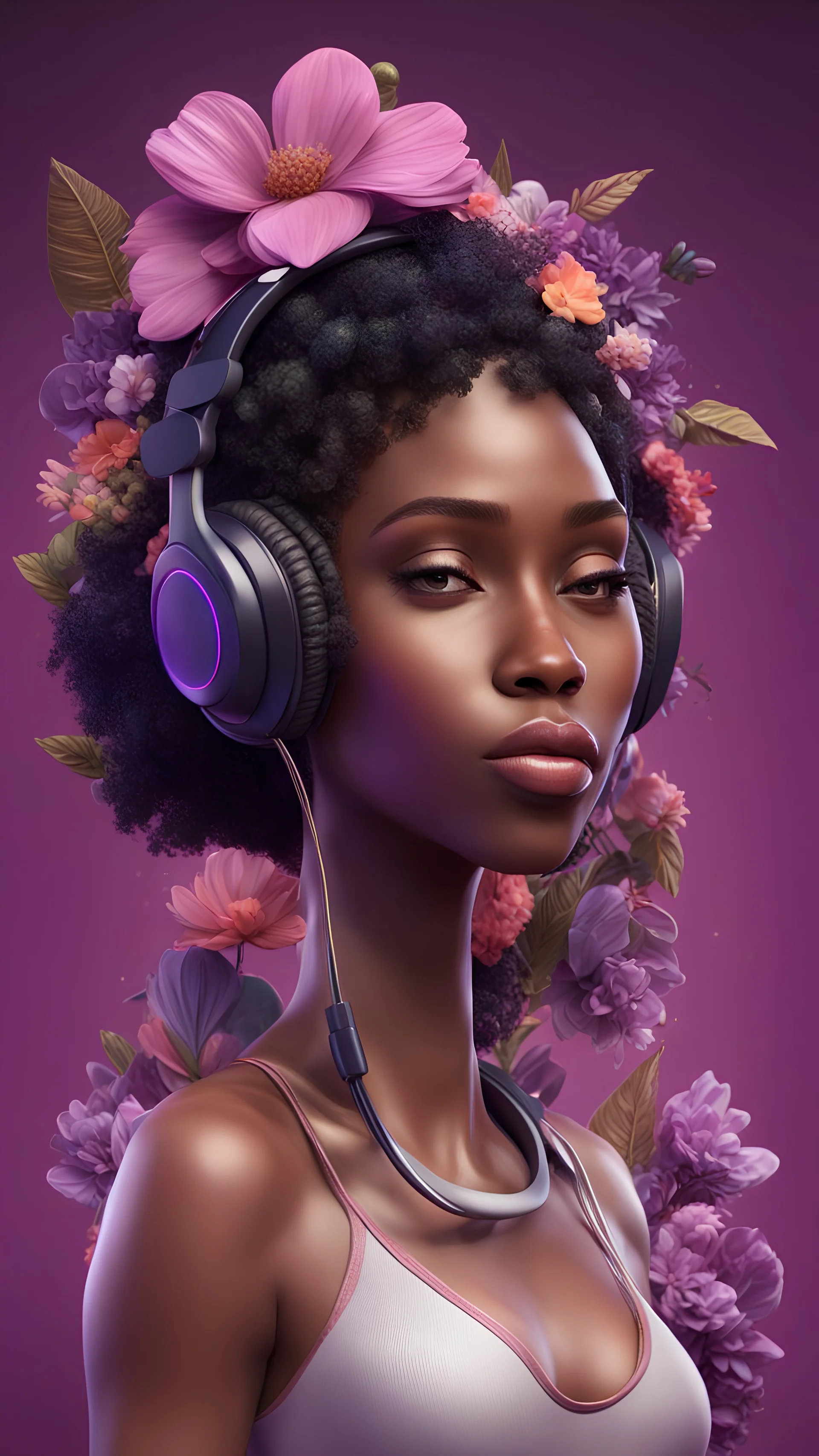 3D illustration of black woman with headphones on and a deep purpure background with flowers, illustration, smooth 3d digital art, exquisite thee-dimensional rendering, 4K, blender, c4d, octane render , disney style 3d light, Zbrush sculpt, concept art, Zbrush high detail, pinterest Creature Zbrush HD sculpt, neutral lighting, 8k detail