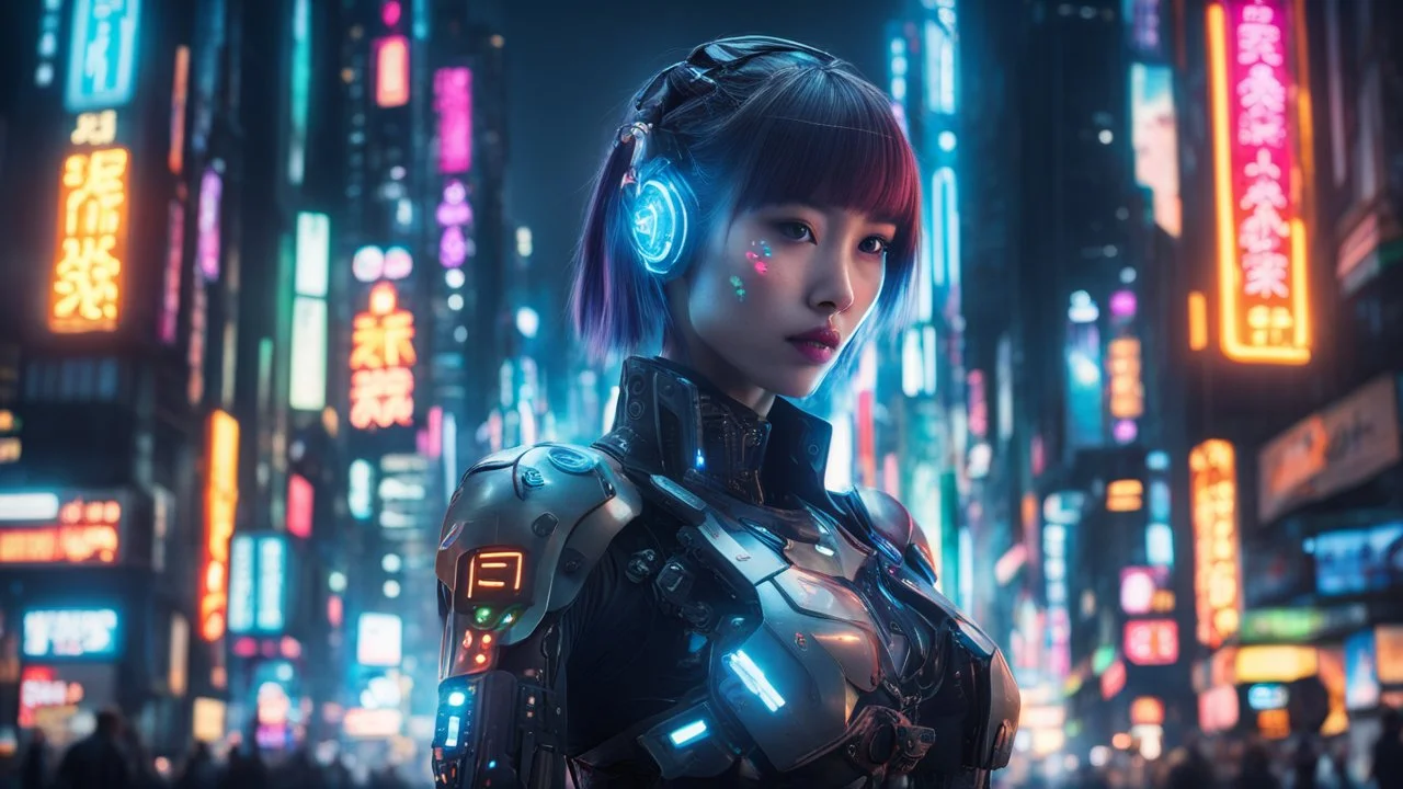 cyborg girl, futuristic, sleek cybernetic enhancements, neon accents, Tokyo at night, Blade Runner inspired, high-tech armor, LED-lit streets, reflective surfaces, holographic displays, UHD, HDR, wide angle lens:: Text, fingers, numbers, logo::-0.5 --ar 16:9