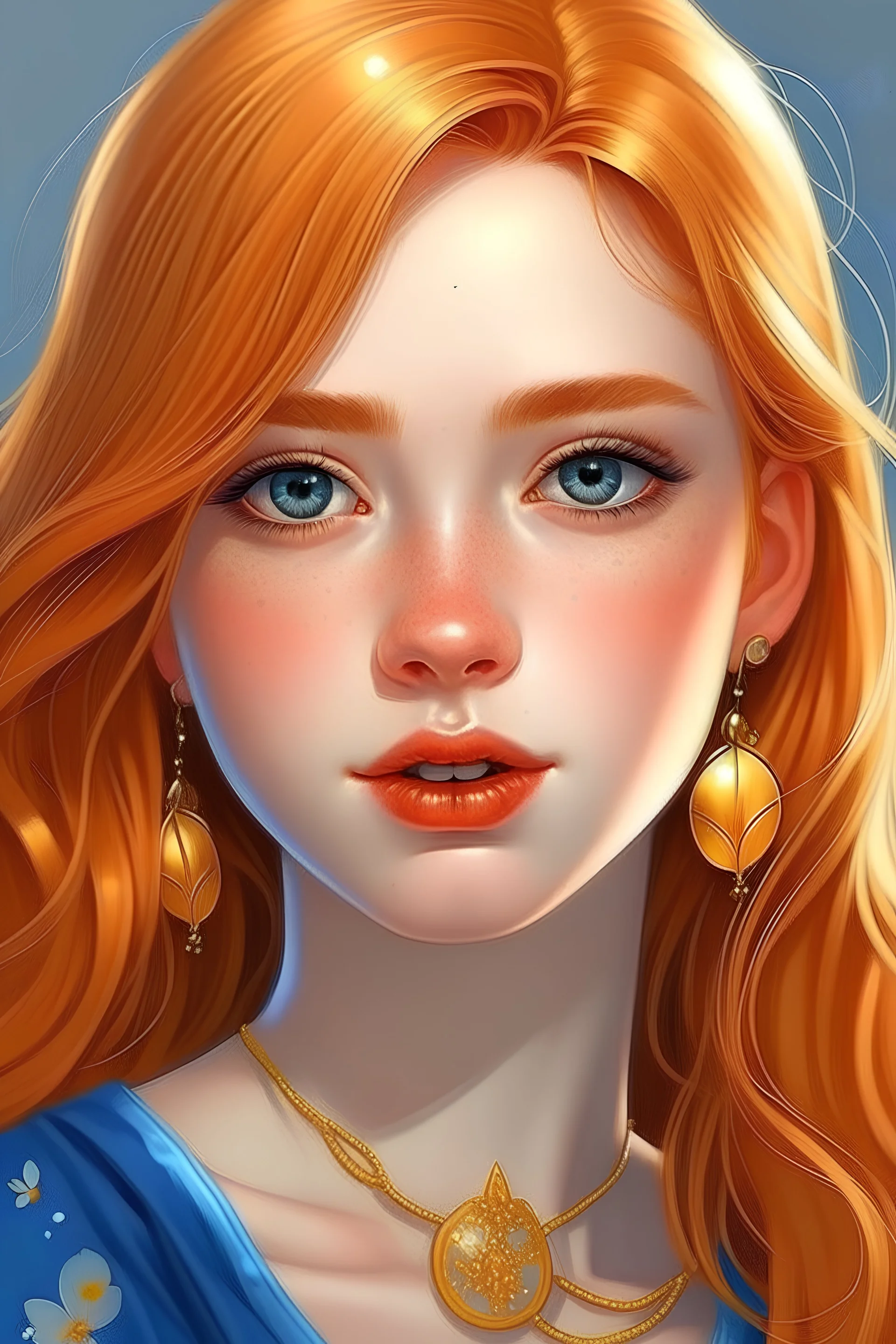 draw me a picture of a girl that has strawberry blonde hair, she has blue eyes and a little sharp nose and small lips, she wears gold earrings and has makeup on