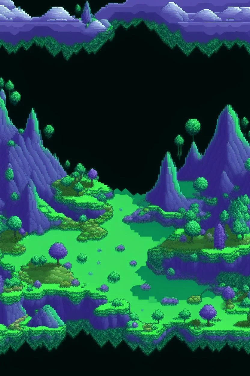 pixel art top down planet surface in 2d game, detailed level, mint green terrain, violet earth with plants and rocks, space trees that glow