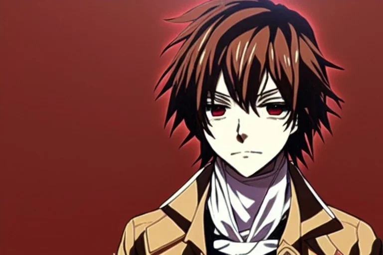 Detailed pretty anime boy, brown hair with blonde strips, keep head in frame, headshot, glaring, brown eyes, covered in bandages, looking serious, illustration, digital painting, only one character, color scheme red, wearing many bandages, Osamu Dazai inspired, anime inspired, manga, dazai, red hair, Chuuya, pretty, scruffy, angry, brooding, manga inspired, small nose, long lower eyelashes, handsome, widows peak, headshot, glaring, cute, wearing a bandage on neck, small nose, scruffy hair