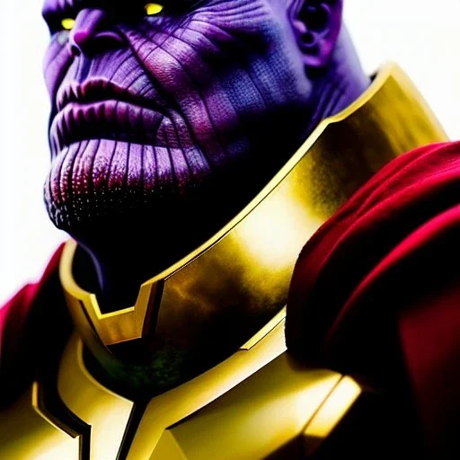 fullbody portrait in oil on canvas of Thanos+Thor fusion with Big Golden Hulkbuster armor, intense stare, masterpiece, realistic, intricate detail, sci-fi fantasy style, volumetric lighting, particles, highly detailed ,cinematic , deep colours, 8k, by Caravaggio