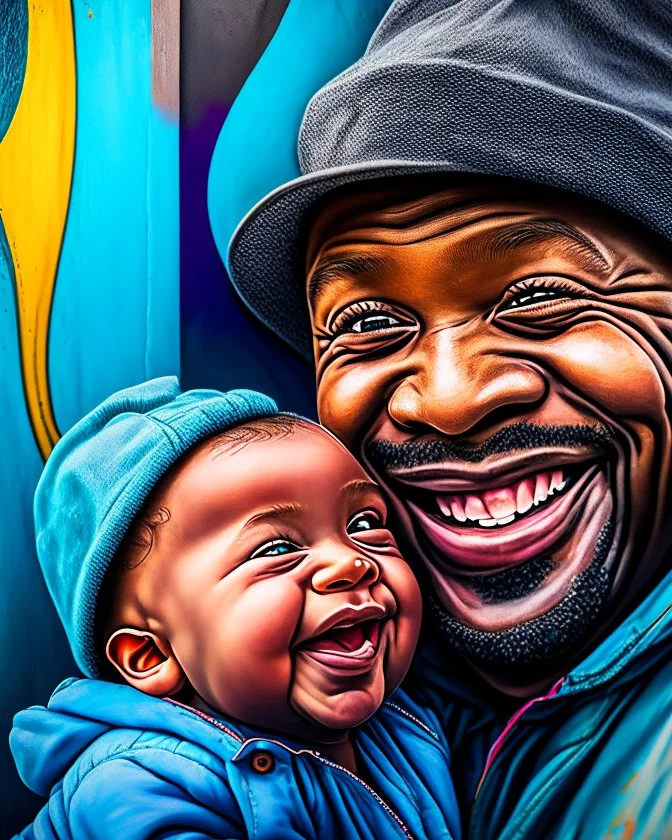 Papá feliz sonriente con su bebé mirándolo a los ojos felíz cuerpo completo colores contrastantes obra de arte arte callejero impactante detallado hiperrealista 8k coherente