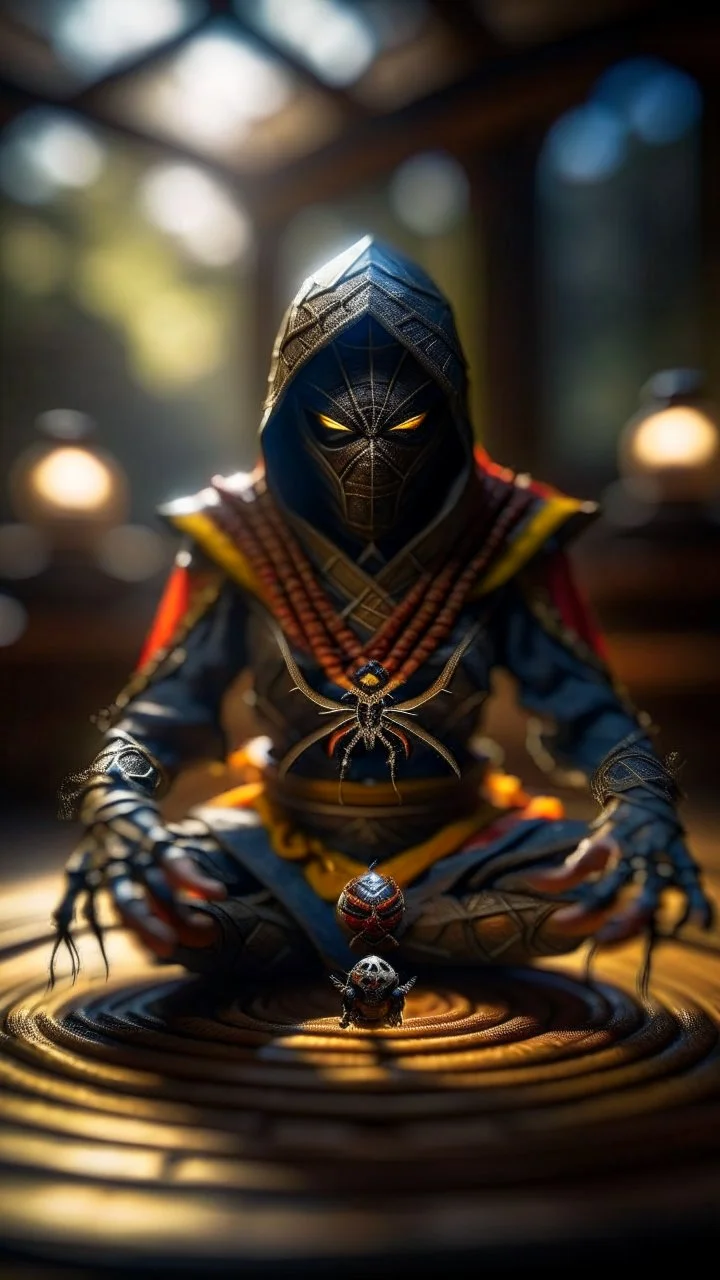 portrait of kneeling female spider drider ninja priest with bright aura carrying goblet signaling you to obey your master, seen from above, inside hall in mountain, shot on Hasselblad h6d-400c, zeiss prime lens, bokeh like f/0.8, tilt-shift lens 8k, high detail, smooth render, down-light, unreal engine, prize winning