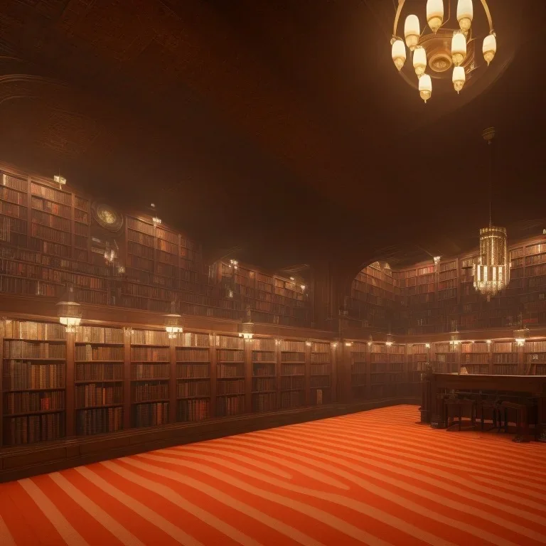 inside of a mystery dark gothic museum library, dystopic, millions of books, labyrintic architecture, dark brown orange color scheme, high key lighting, volumetric light high details with white stripes and feathers unreal 5, octane render, cinema4d, dynamic lighting, dramatic lighting, 4k, redshift render, highly detailed, hyper realistic, sunset, Stephan Eicher