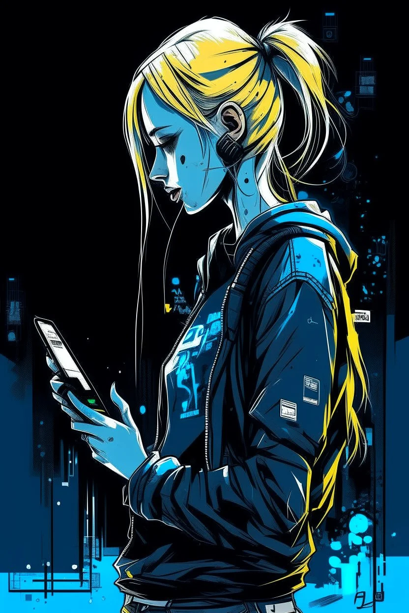 girl, blonde, profile, cyberpunk, holding a cellphone, comic book art style, geek, engineer, t-shirt, jeans, drug addict, ,