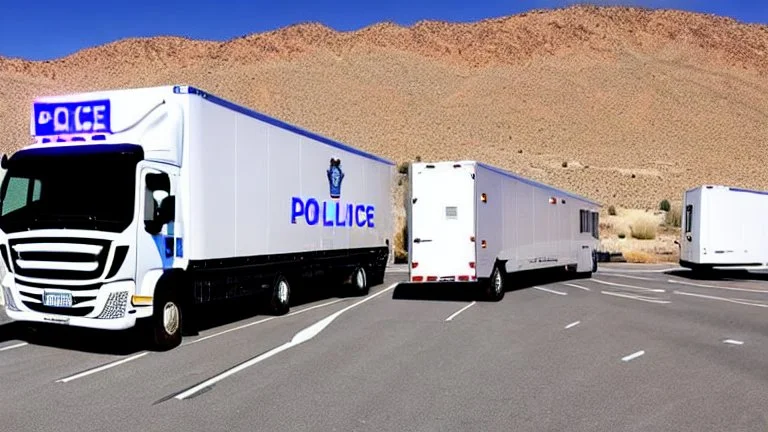 A police Tesla Cybertruck is chasing a Tesla 'Model S Plaid' at top speed, across the 'Area 51' facility in the USA. CINEMATIC. WIDE ANGLE LENS.