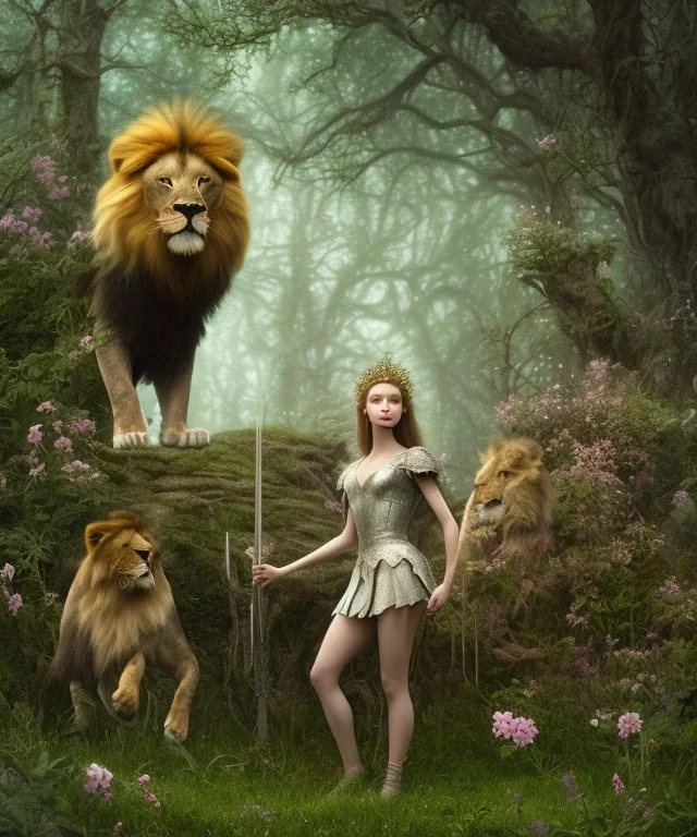 Young beautiful girl with floral crown standing next to a majestic, stunning lion on nature forest path, Chronicles of Narnia, 8k resolution, high-quality, fine-detail, iridescent, intricate, digital art, detailed matte, volumetric lighting, beautiful, illustration, 3D octane render, brian froud, howard lyon, selina french, anna dittmann, annie stokes, lisa parker, greg rutowski,