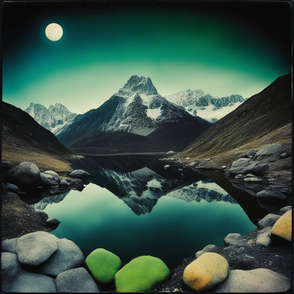 Sublime foto close-up polaroid ad alta definizione di una montagna rocciosa, un lago, surreale, colors, cityscape scifi, collage art, dadaism, sublime, splimapys nero, cielo nero, acqua nera riflette un sole nero, macabre piante circondano il lago, alghe, hypermaximalist, Max Ernst style, strangeness, intricate, hypnotic, obsessive, Yves Tanguy, 8k, deep 3d field, very accentuated details of the rocks and sht frn, eerie, artistic photo, shot on Hasselblad, large format film, medium format film