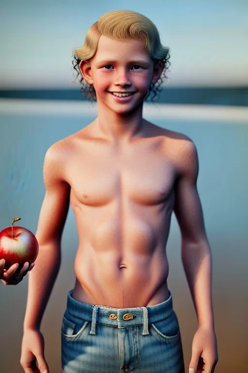 full body image of a beautiful 12 year old boy with long, blonde curly hair and light blue eyes, smiling, shirtless, holding a red apple in his right hand, in front of an distant beach