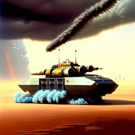 Chris Foss painting of a scene with an armored hovercraft with gun turret in the desert with stormy sky and a duststorm