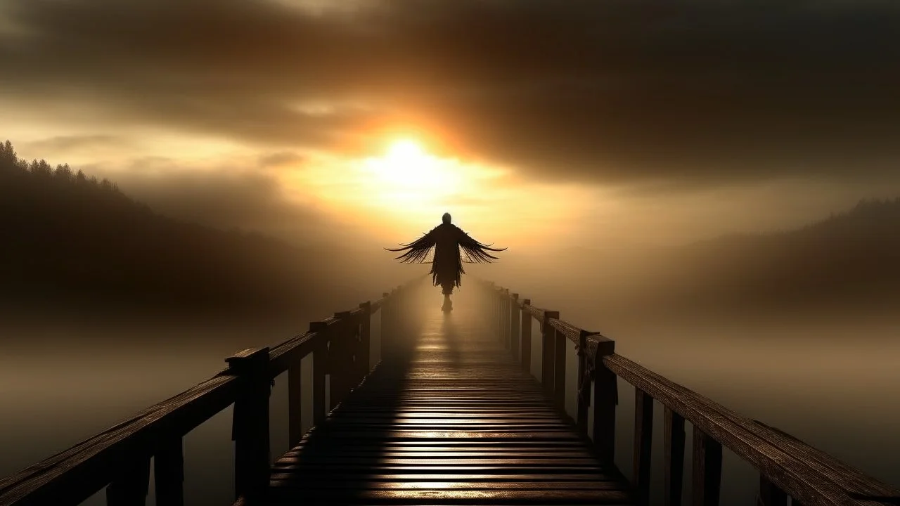 walking straight ahead over a wooden bridge, holding the angel of death with your right hand, entering the fog at the end of the road that leads to the afterlife, a stream from the mountains flows from the right and left, and a beautiful sunset behind the fog, realistic