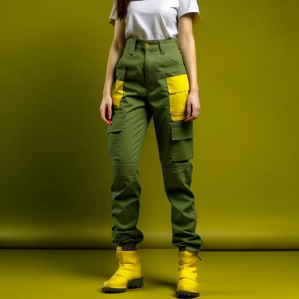 Women model catwalk wearing cargo jeans with patch with twill armor jellow and green