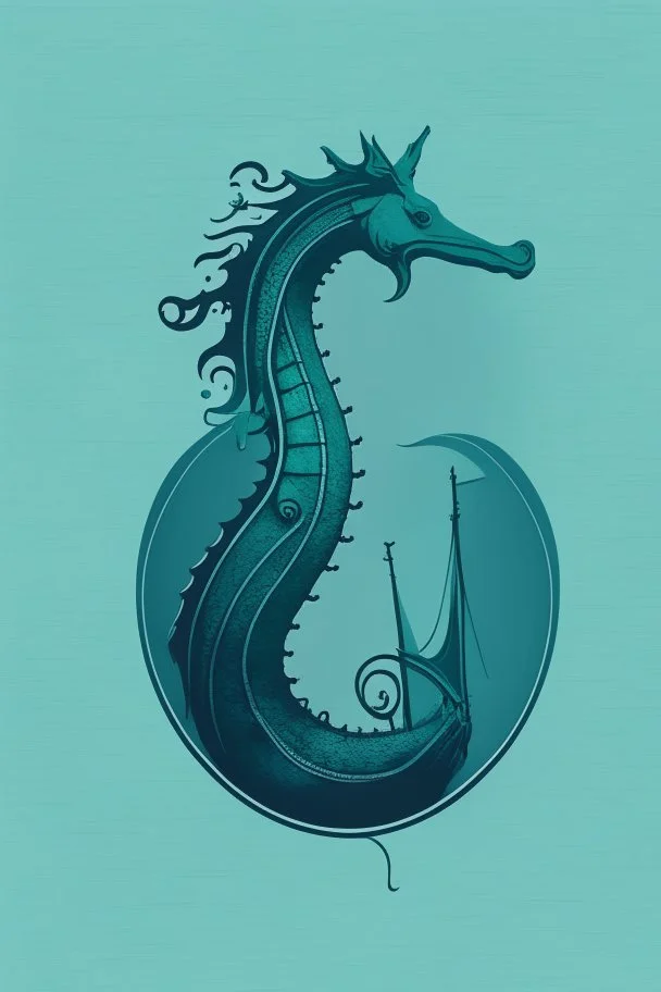 minimalist logo featuring seahorses in a katamaran in gothic style and blue-green hues.