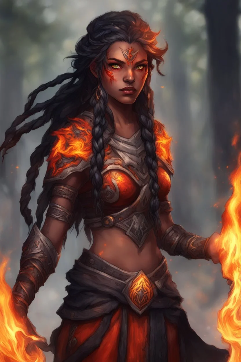 Paladin druid female made from fire . Hair is long and bright black some braids and it is on fire. Eyes are noticeably big and red and looks like fire. Make fire with hands . Has a big scar over whole face. Skin color is dark