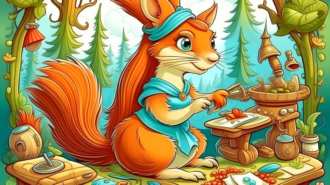 fantasy cartoon style illustration: Madame Squirrel is the most skilled seamstress in the woods