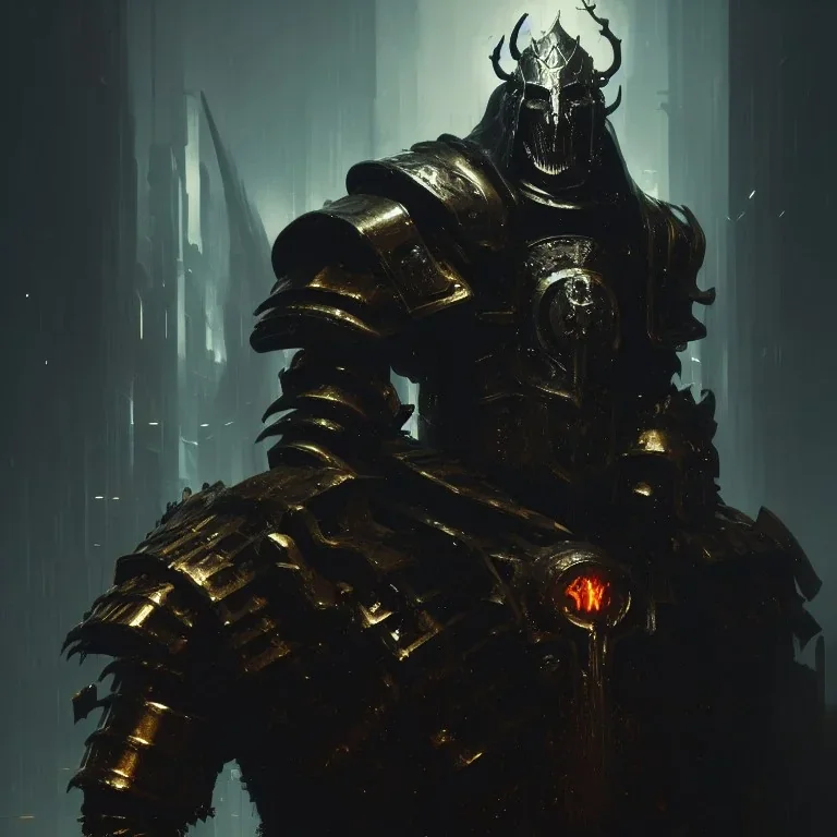 evil king in black metal armor, angry, emperious, 8k resolution concept art portrait by Greg Rutkowski, cyberpunk 2077