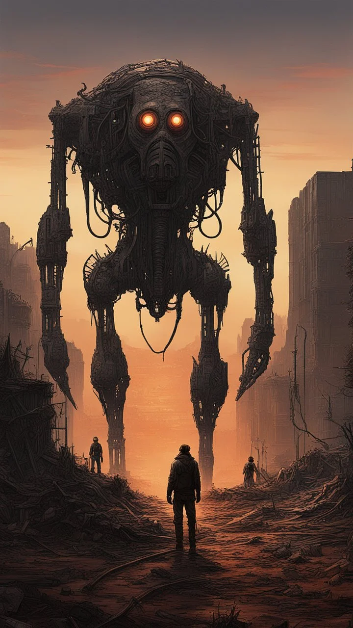 imon Stålenhag Influence: In a post-apocalyptic landscape, a giant, biomechanical creature stands amidst the ruins, its intricate circuits glowing against the twilight, a group of survivors observing in awe and fear from a safe distance.