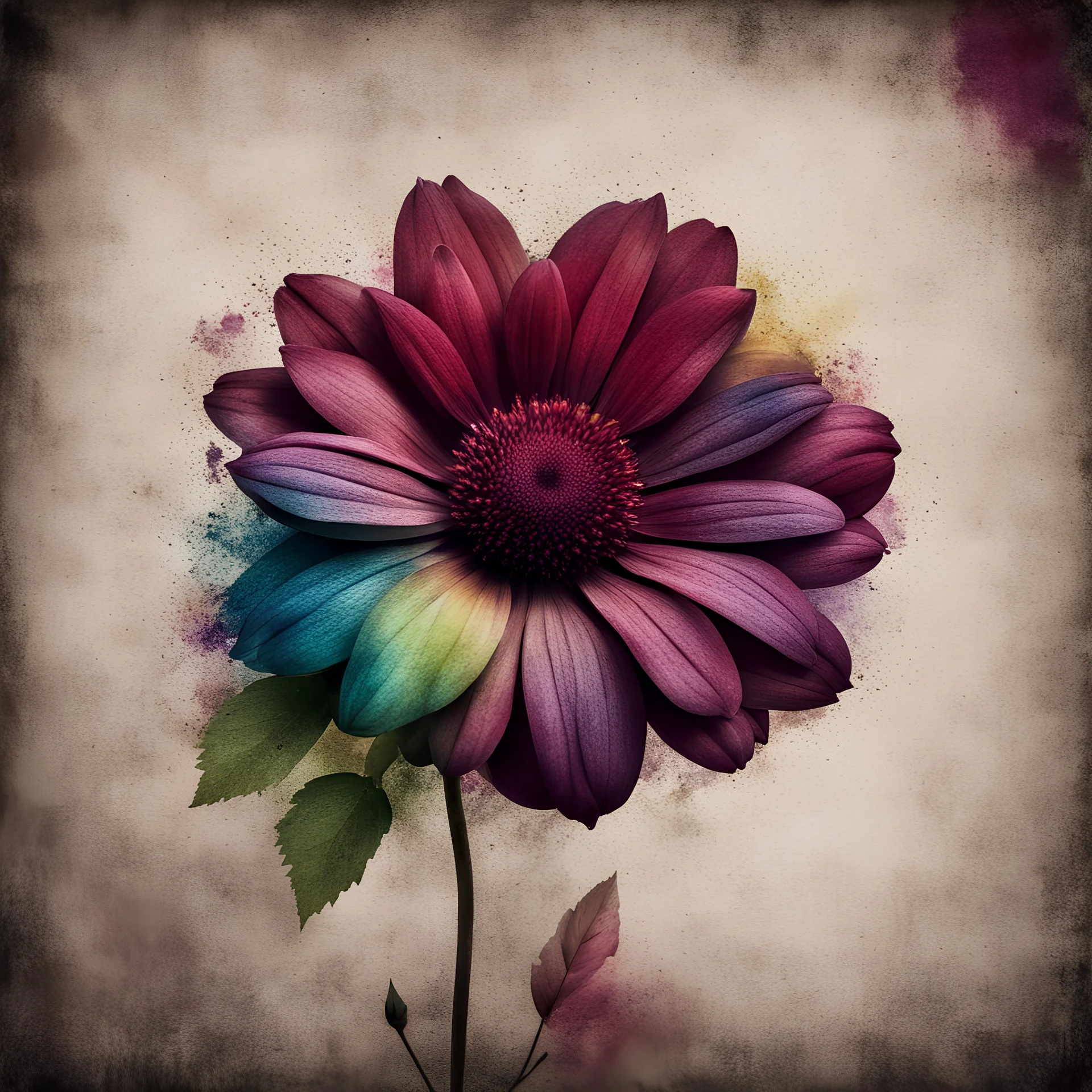 Hyper Realistic maroon flower & rainbow multicolor grungy rustic texture with vignette effect