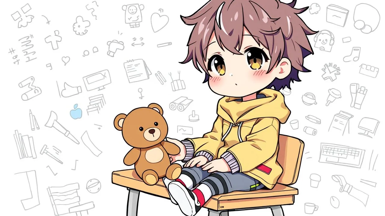 detailed digital art style, cute anime, detailed chibi face, sitting on school desk in hand a bear toy, in colorful modern clothes , messy hair random drawing background, childbook style, highly detailed, no photorealism