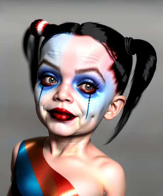 Harley quinn toddler, full body, soft skin, dramatic lighting, hyper realistic