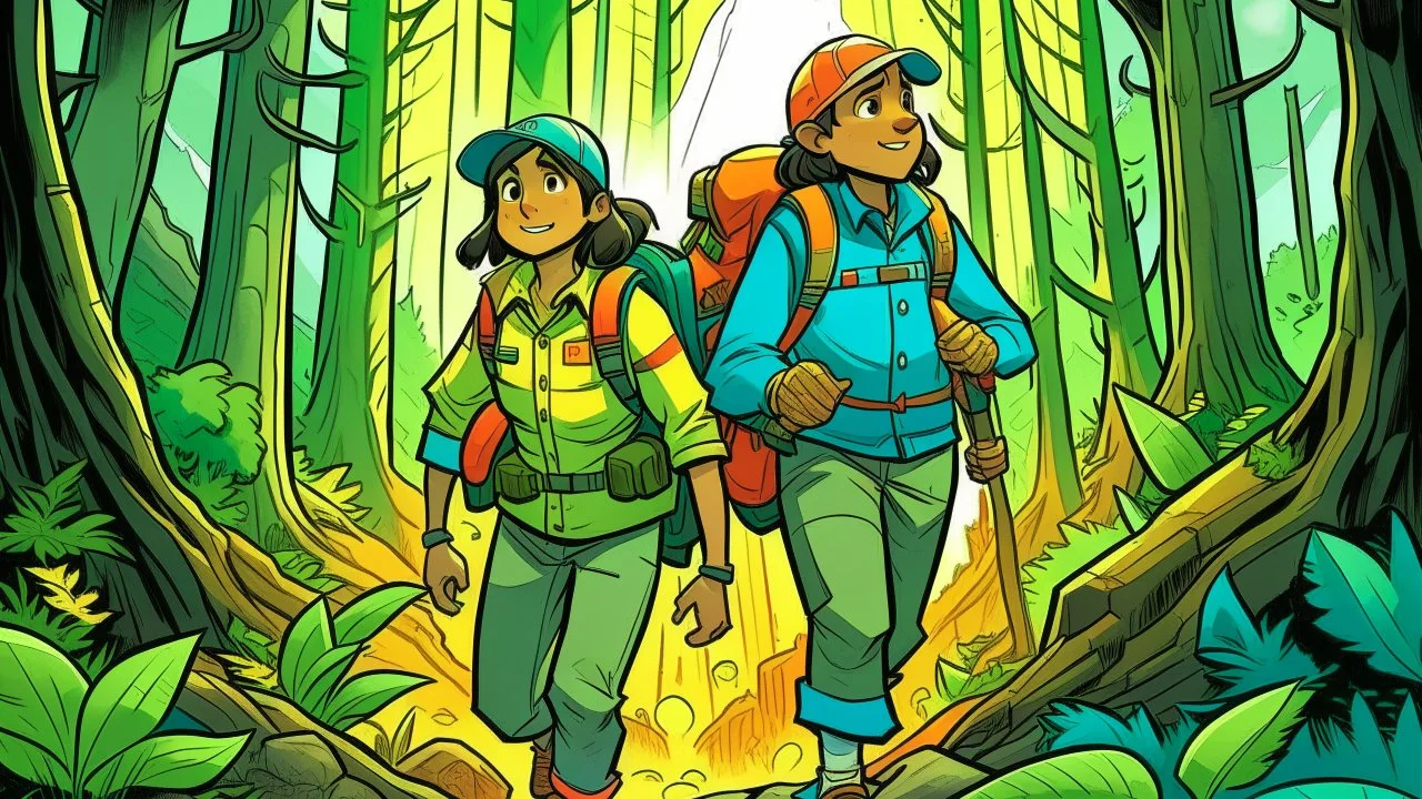 In this chapter, which carries the spirit of adventure and challenge, the hero or heroine appears enthusiastic and determined to achieve their goal. Their faces are bright with excitement and strength, expressing their determination to explore the secrets of the surrounding forest. The hero/heroine is dressed appropriately for the journey, with a helmet and jacket providing protection against changing weather conditions, and a backpack carrying essentials for the journey. They hold exploration