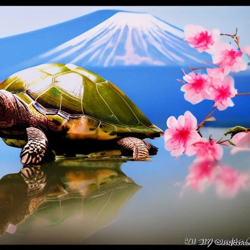 Turtle and Mount Fuji and cherry blossoms