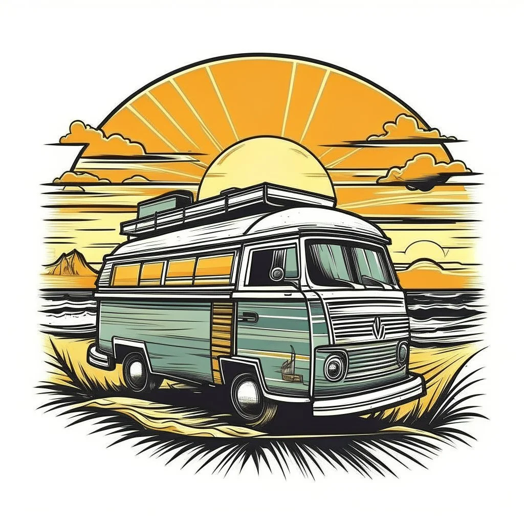 A retro camper van parked by the ocean, nostalgic, carefree, golden hour lighting, T-shirt design graphic, vector, contour, white background.