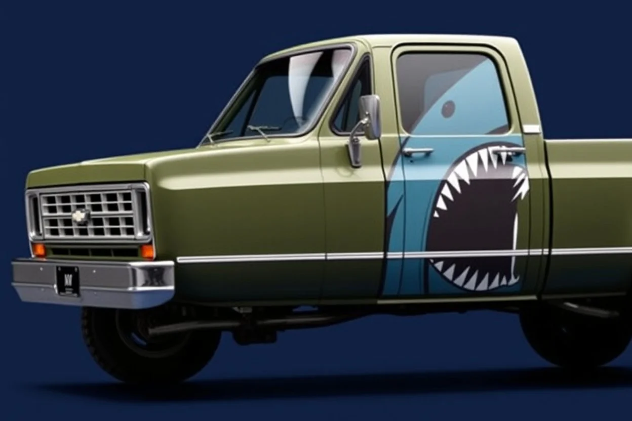side of 1976 Chevrolet square body truck(military green), with shark nose graphic behind front wheel, navy blue background