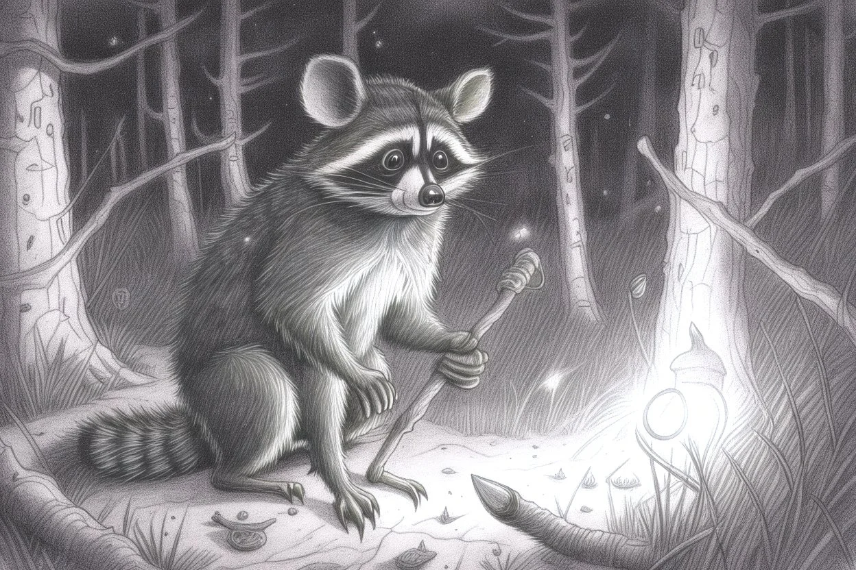 At dusk curious raccoons explores the forest. Tiptoeing into human campsites, intrigued by human artifacts they found.- Pencil drawing, realistic, graphite