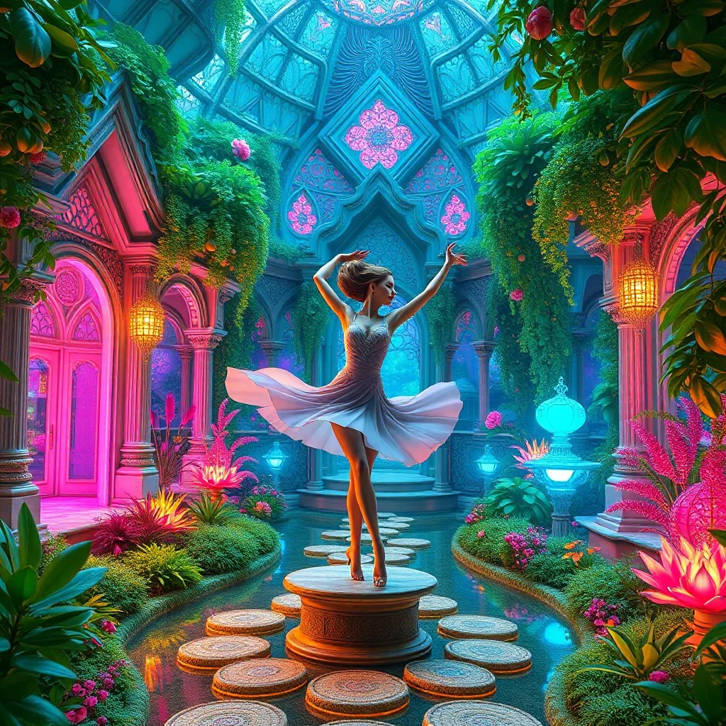 Here is a prompt for AI image generation to create an image of 3D fractal recursive art of dancer girls in a magical villa garden of the future: "3D fractal recursive art of dancer girls in a futuristic magical villa garden. Intricate, detailed, dreamlike, fantastical, surreal, volumetric, layered, geometric patterns. Ethereal, shimmering, otherworldly. Elegant, graceful dancers in motion, surrounded by lush, verdant vegetation, ornate architecture, and glowing, luminescent elements. Vibrant, s