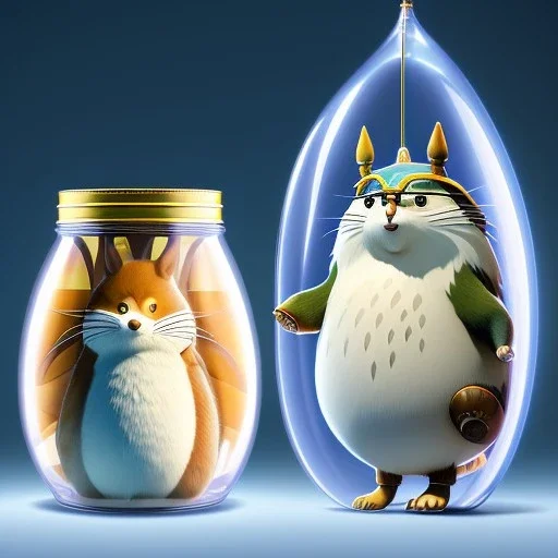 A studio ghibli characters in a jar floating, super high resolution, professional photograph, in focus, beautiful detail, professional digital art, stunning 4k, volumetric light, Award-winning photograph, photography, tokio background