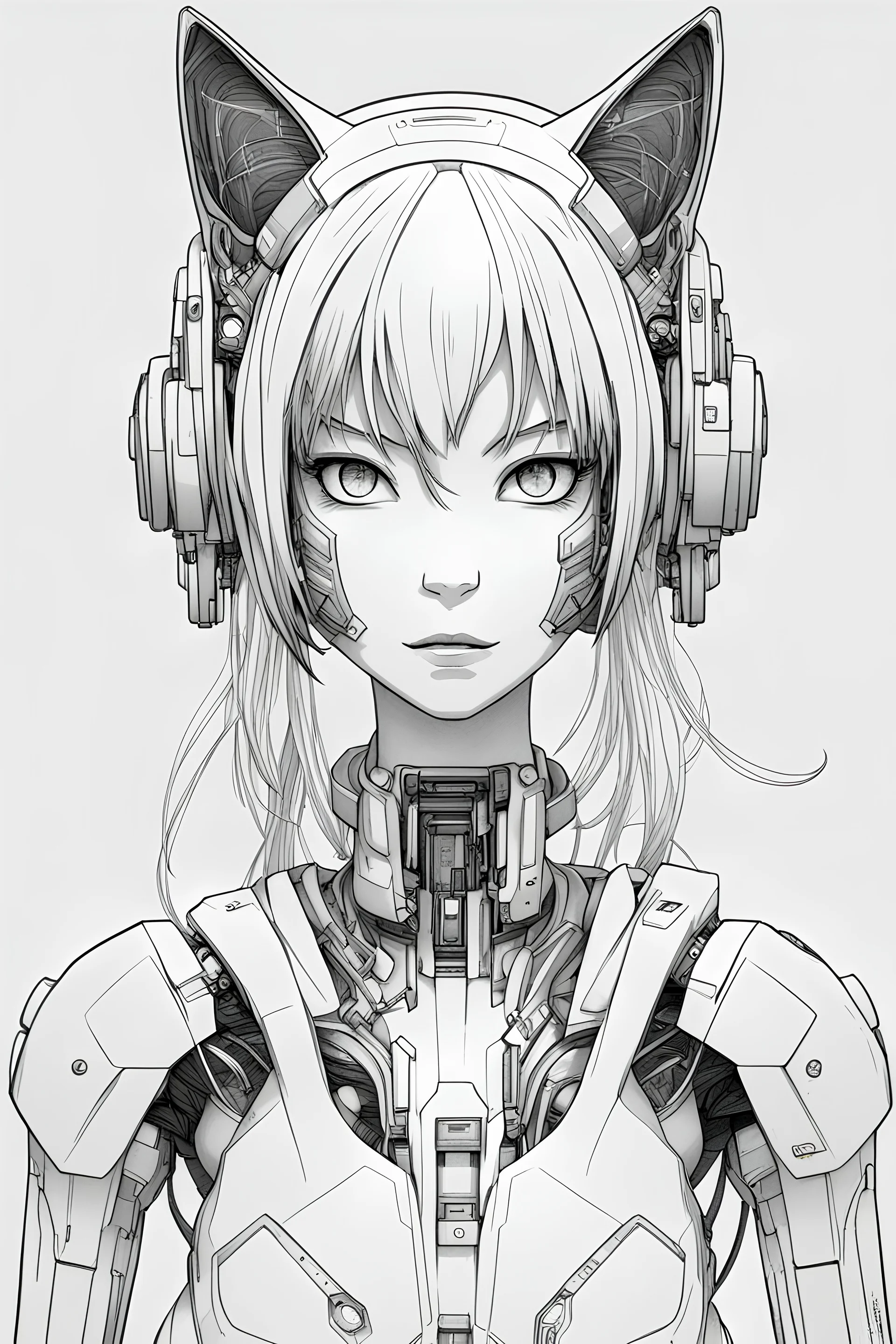 a technical drawing of a cybernetic manga cat girl