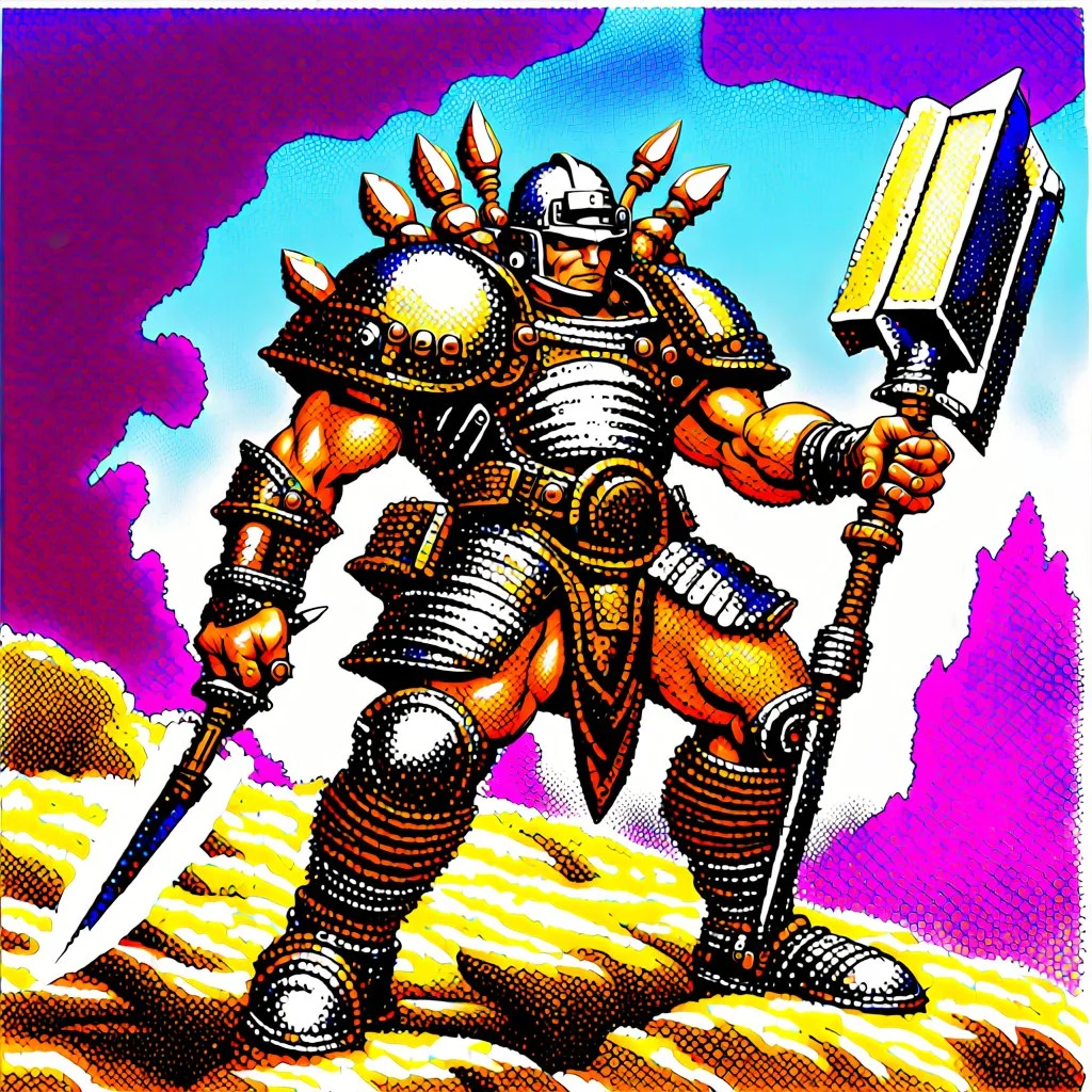 90's TCG art retro fantasy art of neuclear warrior with huge pauldrons in wasteland