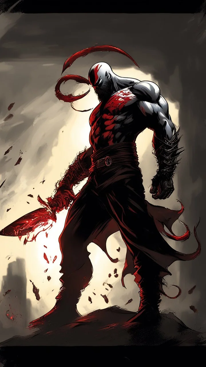 Venom symbiote with kratos Beard and red tattoos and Clothes, holding blade of choice