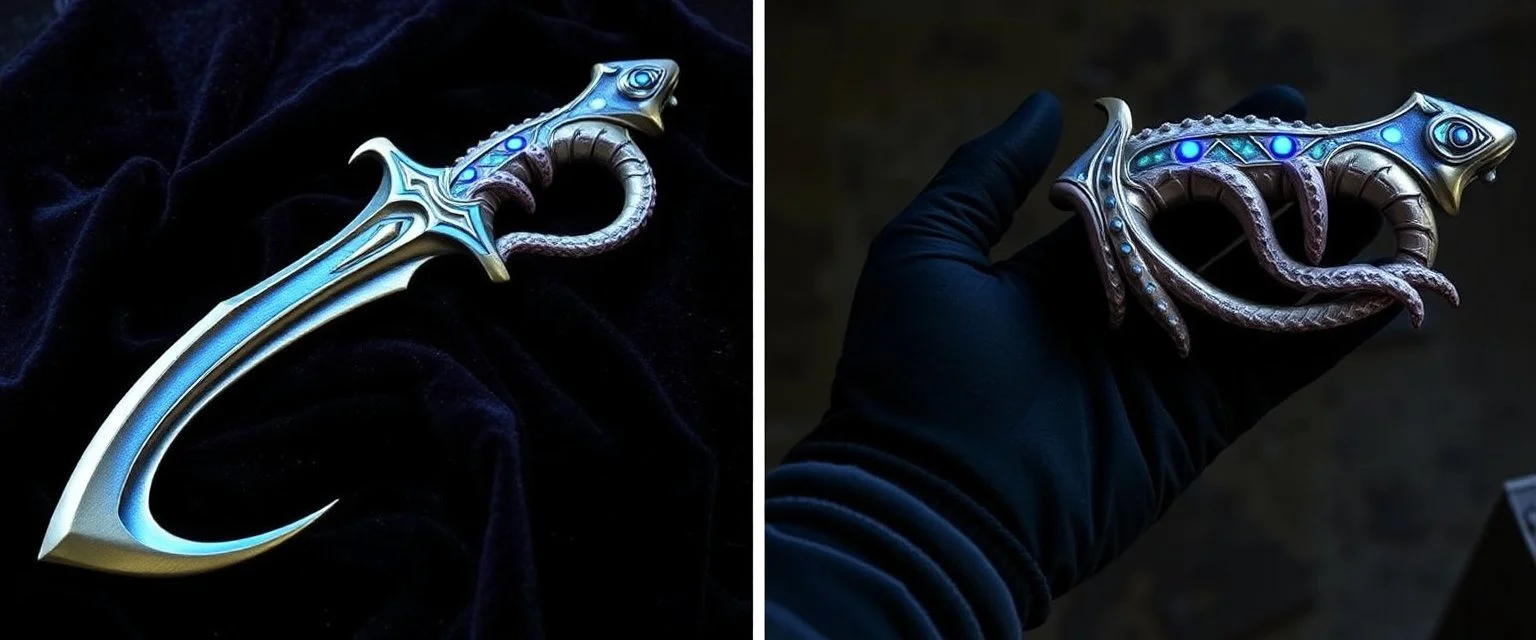 "A fantasy dagger inspired by a squid's tentacles, designed like a talon. The blade is curved and organic, shimmering with iridescent colors like deep-sea creatures. Its handle resembles a coiled squid arm, with tiny suckers and subtle bioluminescent patterns glowing in blues and purples. The overall design looks both ancient and alien, like a relic from an underwater civilization. The dagger is displayed on dark velvet or held by a gloved hand."