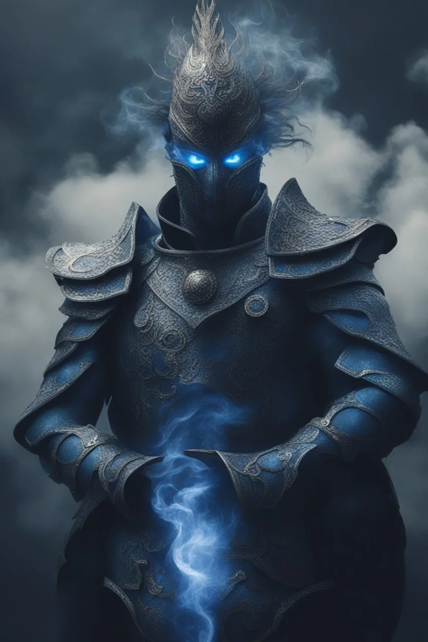 blue smoke in a shape of humanoid of colour of a storm wearing a scalemail armor