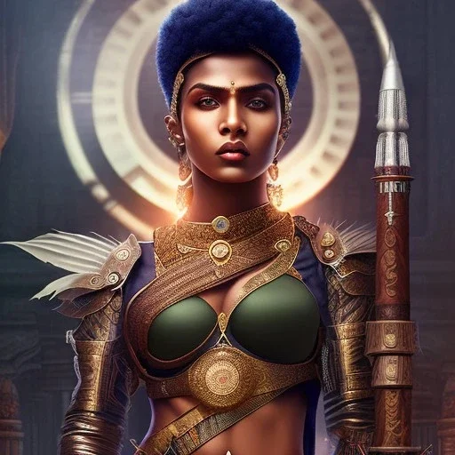 fantasy setting, woman, dark-skinned, indian, ranger, 23 years old, one side shaved, half-hawk haircut, undercut