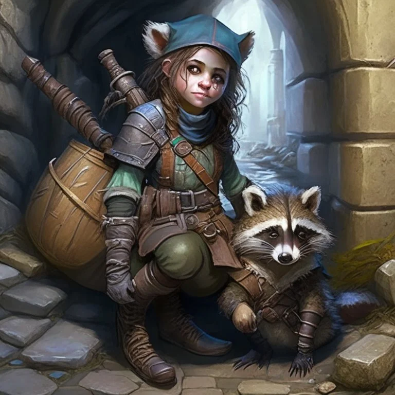 Kelee, halfling ranger who roams the sewers of the city with her racoon companion, Templeton