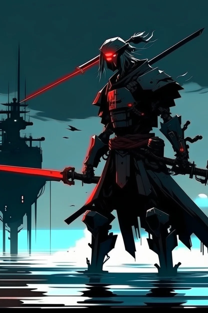 samurai robot in black cloak in a cyberpunk environment and big blood sword anime in sea