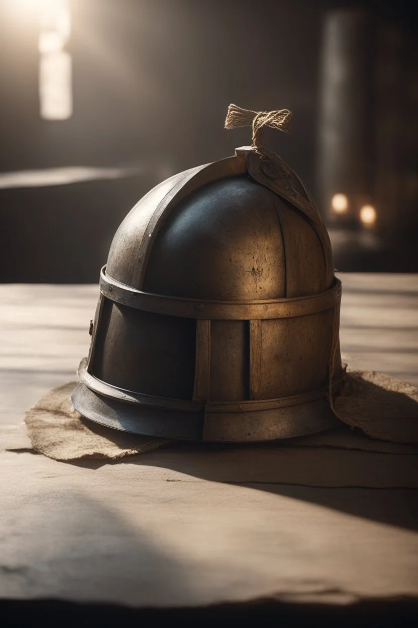 The Roman centurion's helmet lies on an old cracked wooden table. Next to it on the table is a cross on a string and a scroll of parchment. A ray of sunlight reflects off the helmet. All around is the entourage of ancient Rome. High quality image in 8K