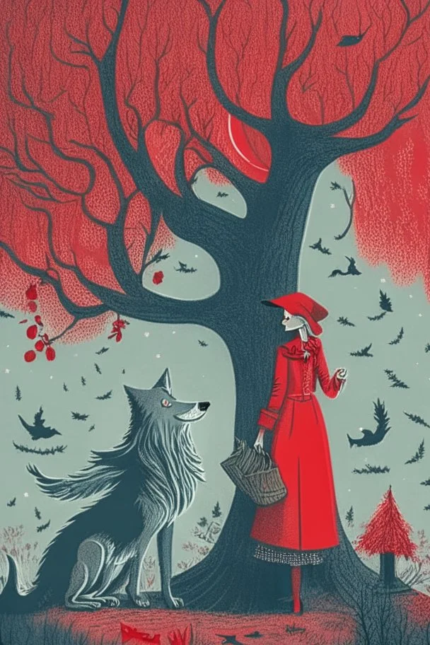 in a cosy vintage style, a witch marvels at a red tree with the big bad wolf watching her