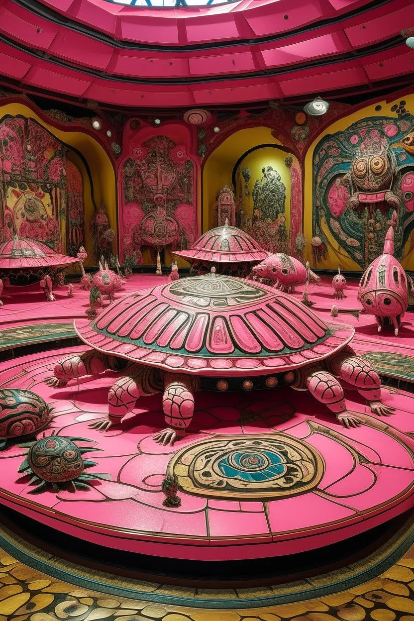 A pink cybernetic realm with pixie turtles designed in Kuna molas painted by Salvador Dali