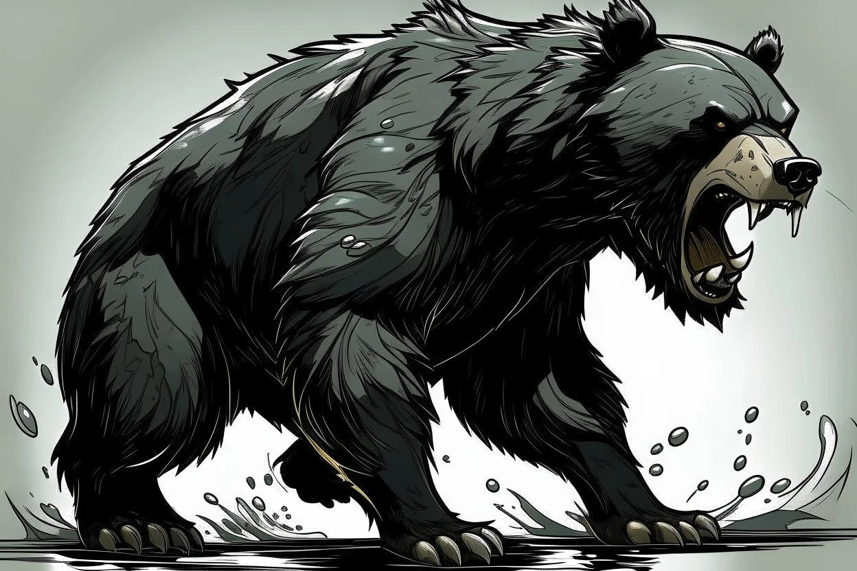 Bear, black liquid, full body, attacking, profile ,comic book, gray background,