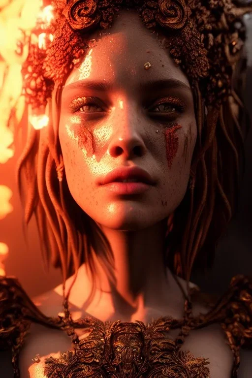 portrait of samantha prince set in acid rain fire, cinematic lighting, photorealistic, ornate, intricate, realistic, detailed, volumetric light and shadow, hyper HD, octane render, unreal engine 5 insanely detailed and intricate, hypermaximalist, elegant, ornate, hyper-realistic, super detailed --v 4