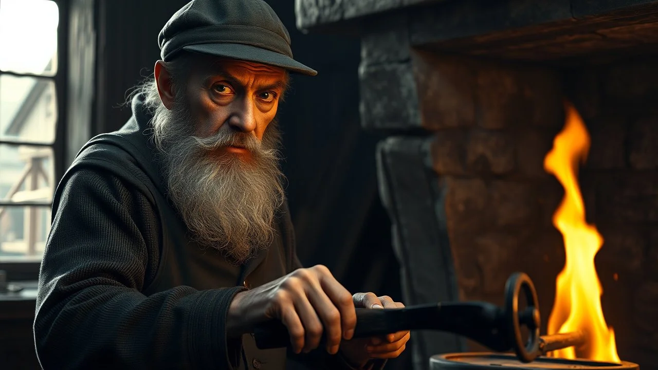 elderly Victorian blacksmith working in his forge, perfect eyes, exquisite composition, beautiful detailed intricate insanely detailed octane render trending on artstation, 8k artistic photography, photorealistic concept art, soft natural volumetric cinematic perfect light, chiaroscuro, award-winning photograph, masterpiece, raphael, caravaggio, greg rutkowski