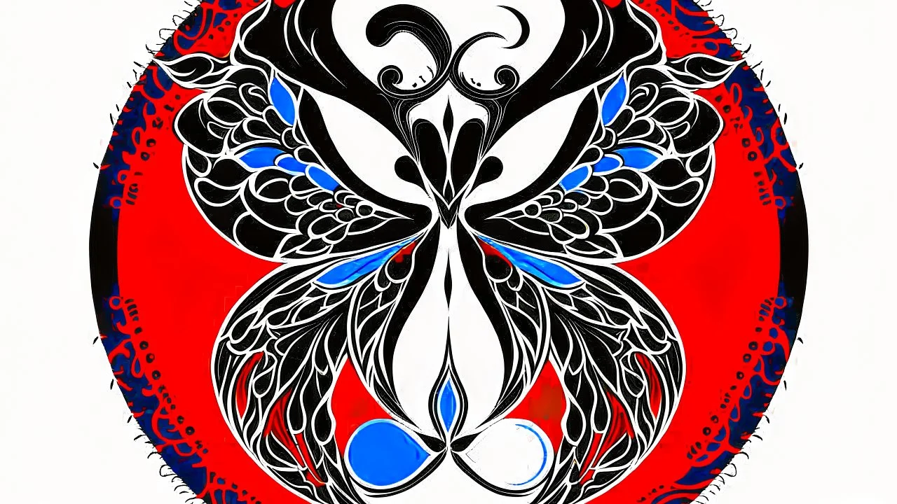 A red and black metamorphosis symbol, with a blue serenity symbol.